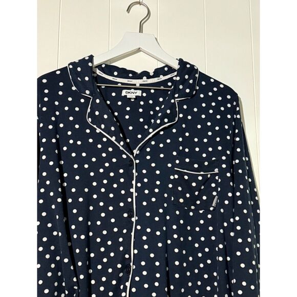 DKNY Women’s Pajama Set XXL Navy Polka Dot Notch Collar Top & Pants Sleepwear - Picture 5 of 9